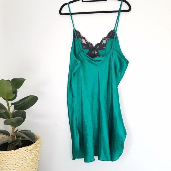 Vintage Intimate Pleasures Emerald Green Mini 90’s Satin Lace Trim Slip Dress XL - Picture 2 of 10